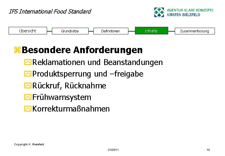 IFS International Food Standard Übersicht Grundsätze Definitionen Inhalte Zusammenfassung z. Besondere Anforderungen y. Reklamationen