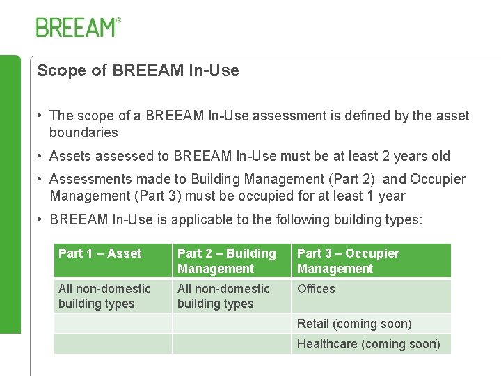Scope of BREEAM In-Use • The scope of a BREEAM In-Use assessment is defined