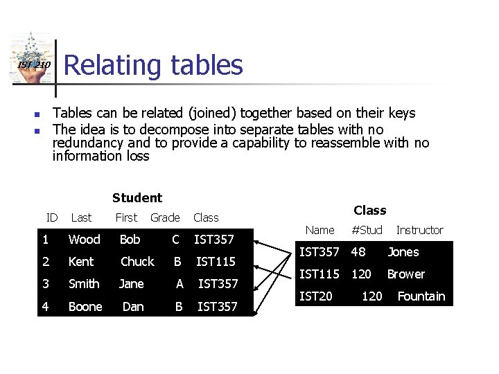 Relating tables IST 210 Tables can be related (joined) together based on their keys