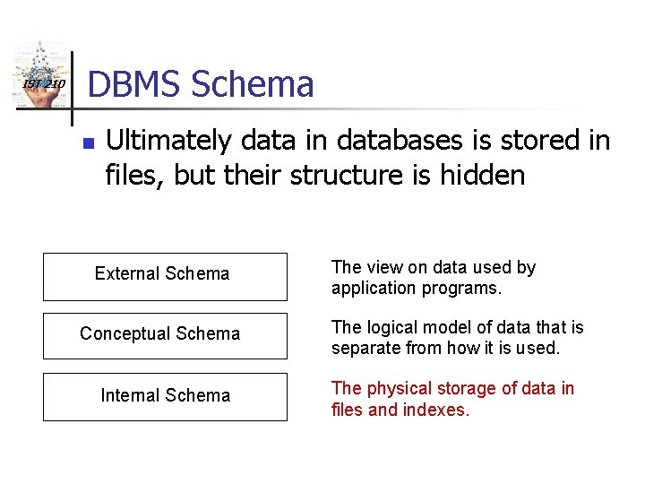 IST 210 DBMS Schema n Ultimately data in databases is stored in files, but