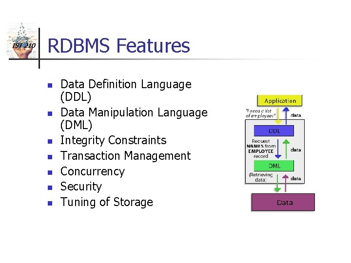 IST 210 RDBMS Features n n n n Data Definition Language (DDL) Data Manipulation
