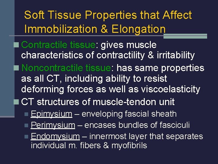 Soft Tissue Properties that Affect Immobilization & Elongation n Contractile tissue: gives muscle characteristics