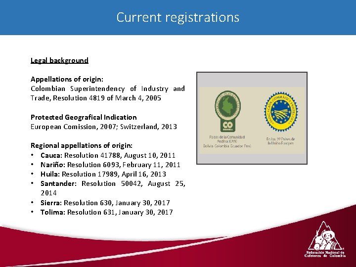 Current registrations Legal background Appellations of origin: Colombian Superintendency of Industry and Trade, Resolution