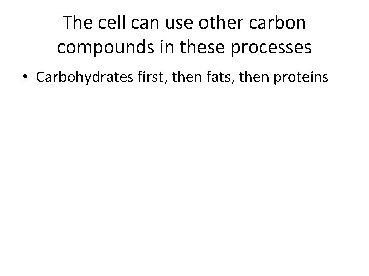 The cell can use other carbon compounds in these processes • Carbohydrates first, then