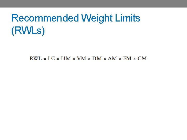 Recommended Weight Limits (RWLs) 