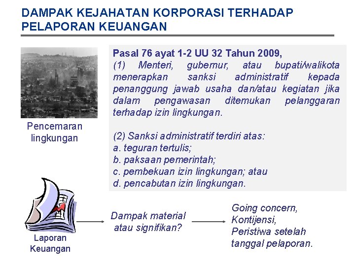 DAMPAK KEJAHATAN KORPORASI TERHADAP PELAPORAN KEUANGAN Pasal 76 ayat 1 -2 UU 32 Tahun