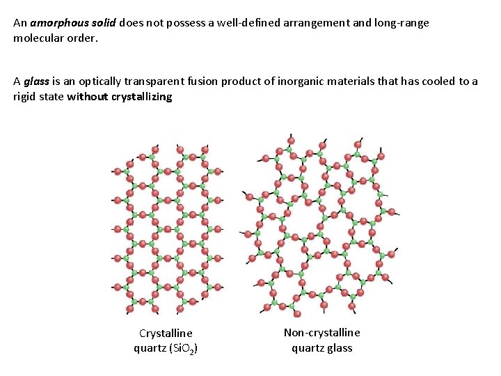 An amorphous solid does not possess a well-defined arrangement and long-range molecular order. A