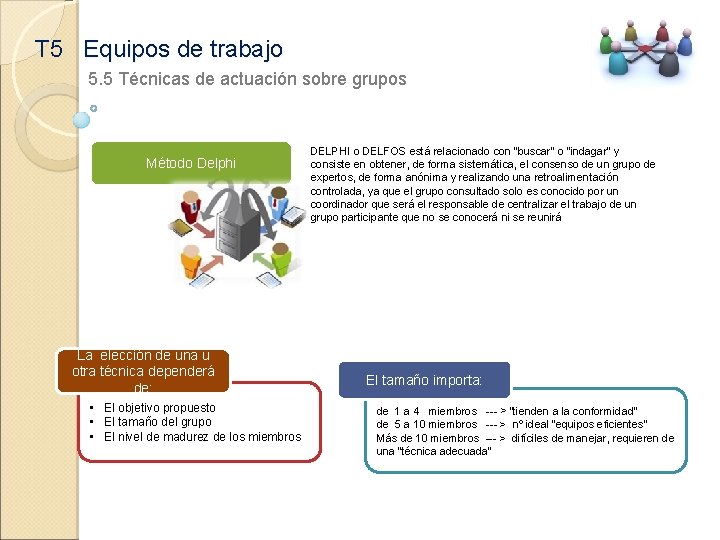 T 5 Equipos de trabajo 5. 5 Técnicas de actuación sobre grupos Método Delphi