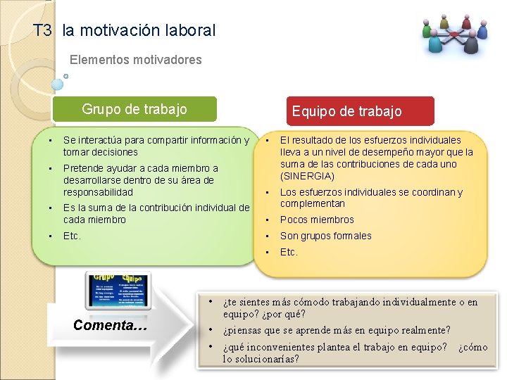 T 3 la motivación laboral Elementos motivadores Grupo de trabajo Equipo de trabajo •