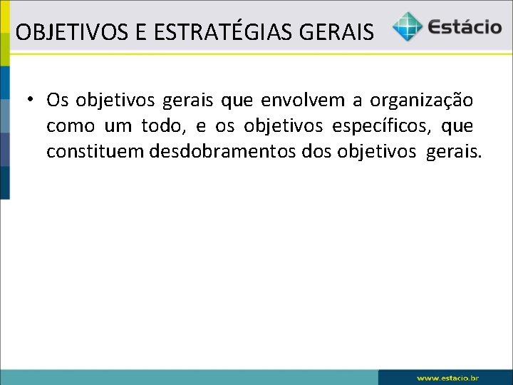 OBJETIVOS E ESTRATÉGIAS GERAIS • Os objetivos gerais que envolvem a organização como um