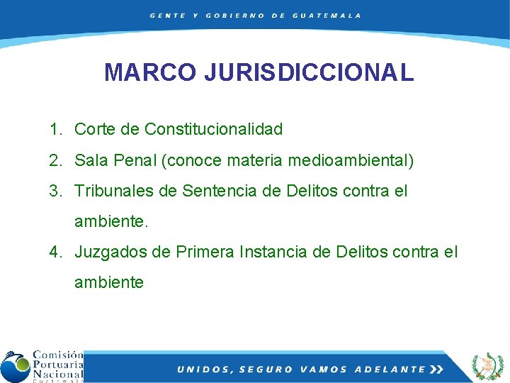 MARCO JURISDICCIONAL 1. Corte de Constitucionalidad 2. Sala Penal (conoce materia medioambiental) 3. Tribunales