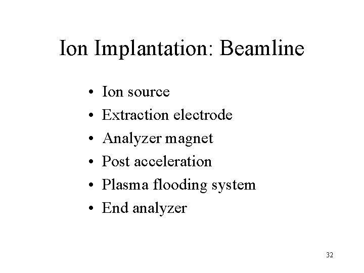 Ion Implantation: Beamline • • • Ion source Extraction electrode Analyzer magnet Post acceleration