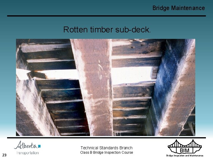 Bridge Maintenance Rotten timber sub-deck. Technical Standards Branch 23 Class B Bridge Inspection Course