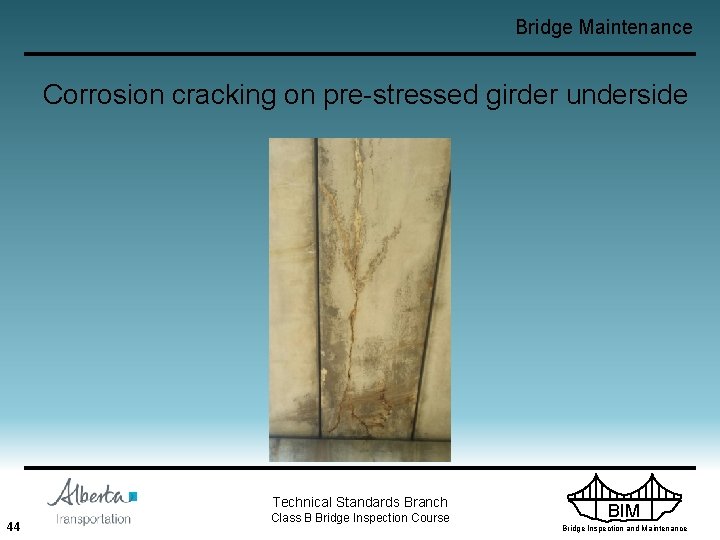 Bridge Maintenance Corrosion cracking on pre-stressed girder underside Technical Standards Branch 44 Class B