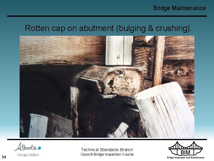 Bridge Maintenance Rotten cap on abutment (bulging & crushing). Technical Standards Branch 54 Class