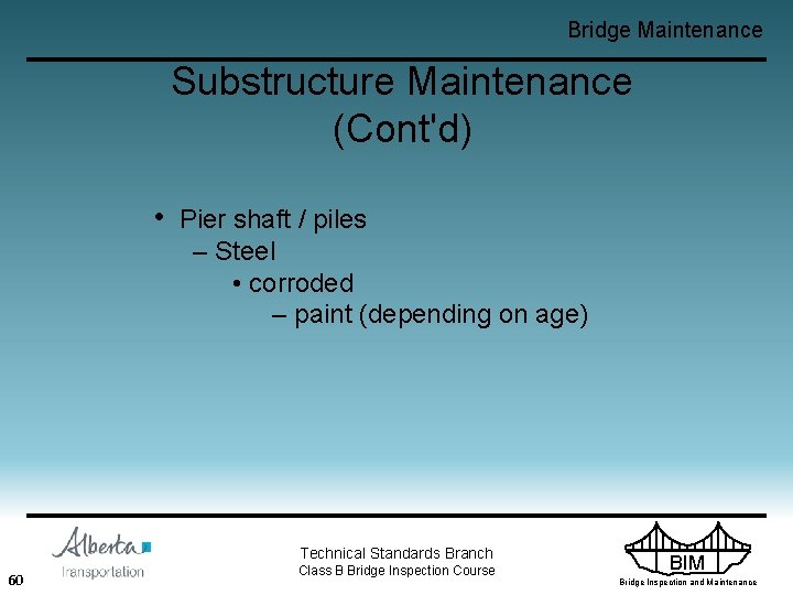 Bridge Maintenance Substructure Maintenance (Cont'd) • Pier shaft / piles – Steel • corroded