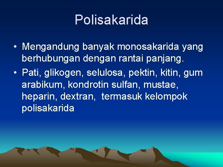 Polisakarida • Mengandung banyak monosakarida yang berhubungan dengan rantai panjang. • Pati, glikogen, selulosa,