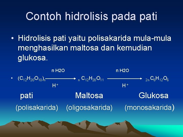 Contoh hidrolisis pada pati • Hidrolisis pati yaitu polisakarida mula-mula menghasilkan maltosa dan kemudian