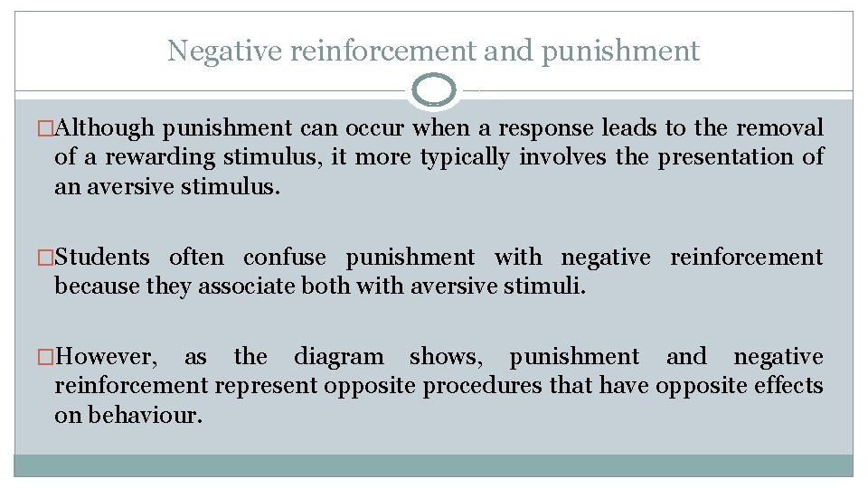 Negative reinforcement and punishment �Although punishment can occur when a response leads to the