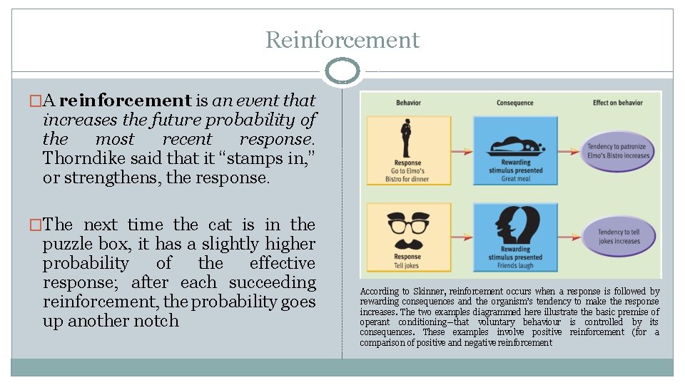 Reinforcement �A reinforcement is an event that increases the future probability of the most