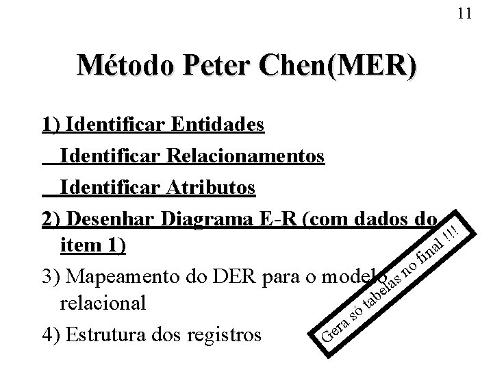 11 Método Peter Chen(MER) 1) Identificar Entidades Identificar Relacionamentos Identificar Atributos 2) Desenhar Diagrama