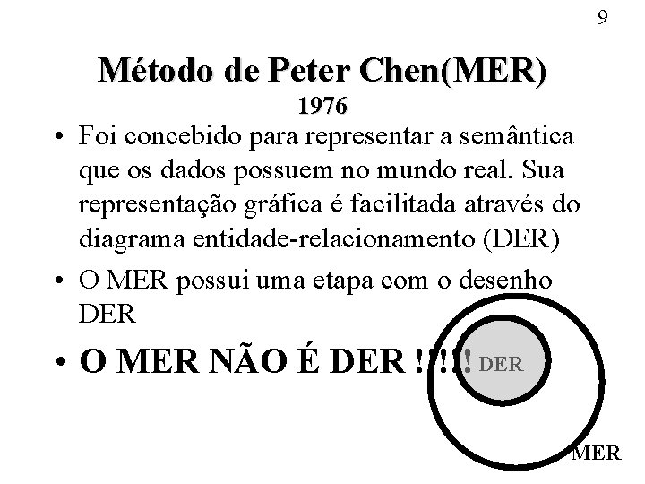 9 Método de Peter Chen(MER) 1976 • Foi concebido para representar a semântica que