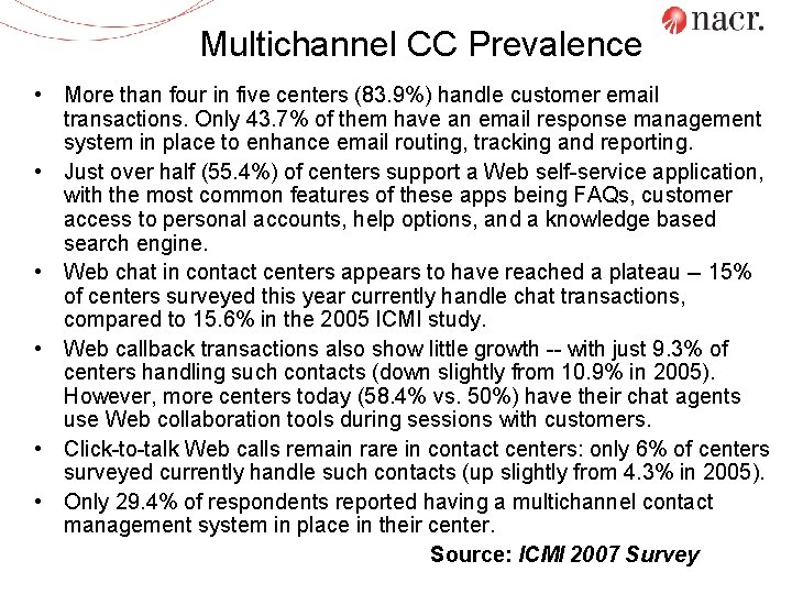 Multichannel CC Prevalence • More than four in five centers (83. 9%) handle customer