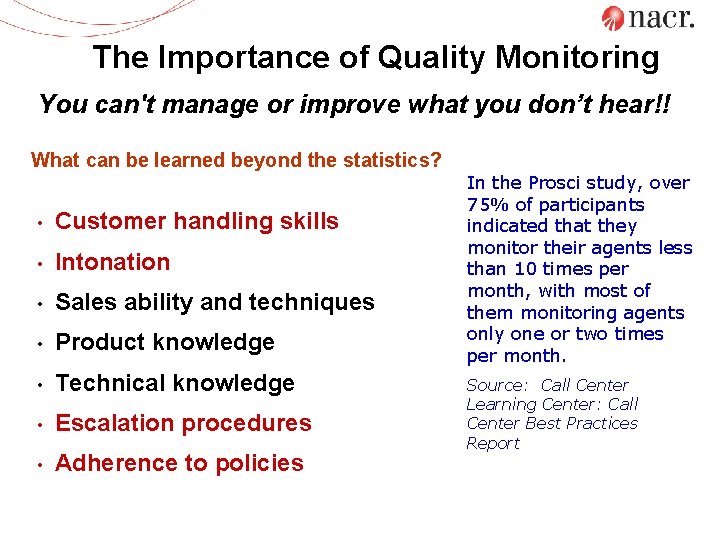 The Importance of Quality Monitoring You can't manage or improve what you don’t hear!!