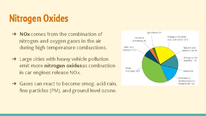 Nitrogen Oxides ➔ NOx comes from the combination of nitrogen and oxygen gases in Nitrogen Oxides ➔ NOx comes from the combination of nitrogen and oxygen gases in