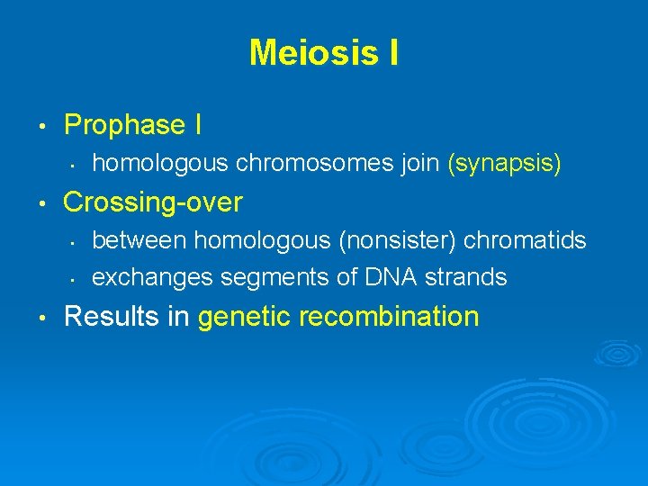 Meiosis I • Prophase I • • Crossing-over • • • homologous chromosomes join