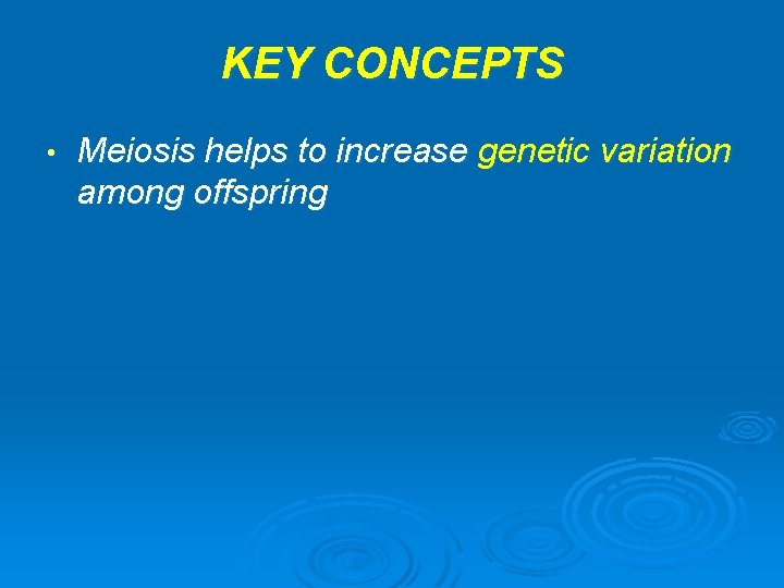 KEY CONCEPTS • Meiosis helps to increase genetic variation among offspring 