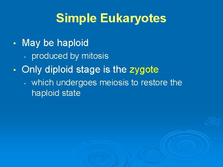 Simple Eukaryotes • May be haploid • • produced by mitosis Only diploid stage