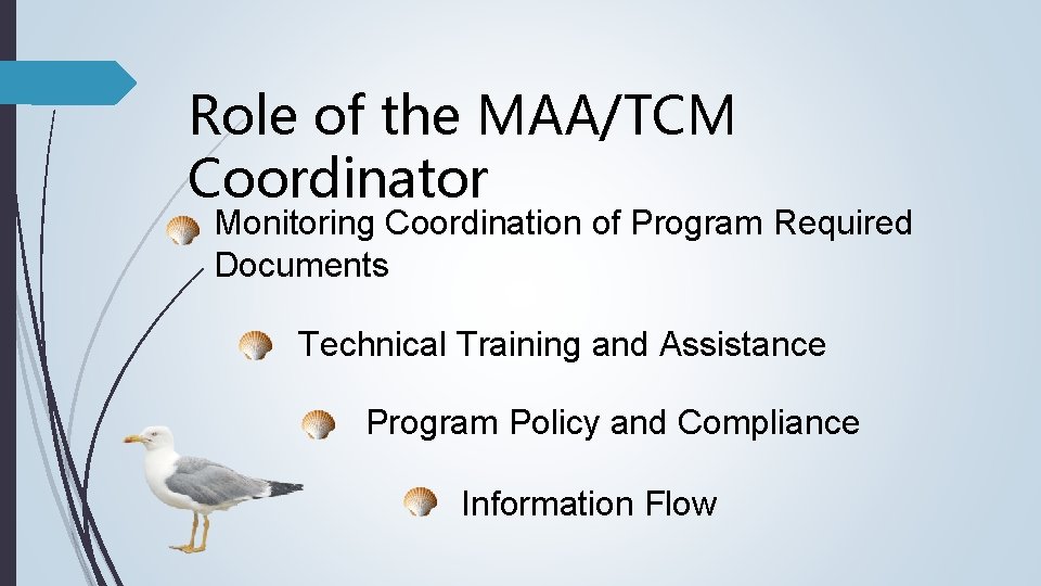 Role of the MAA/TCM Coordinator Monitoring Coordination of Program Required Documents Technical Training and