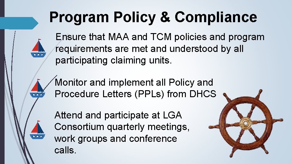 Program Policy & Compliance Ensure that MAA and TCM policies and program requirements are
