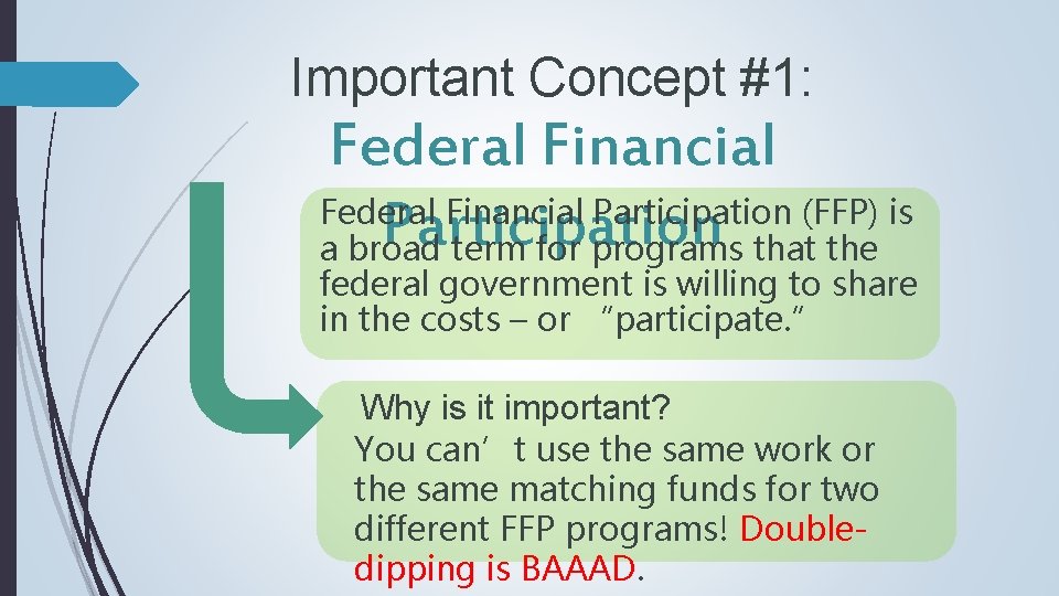 Important Concept #1: Federal Financial Participation (FFP) is Participation a broad term for programs