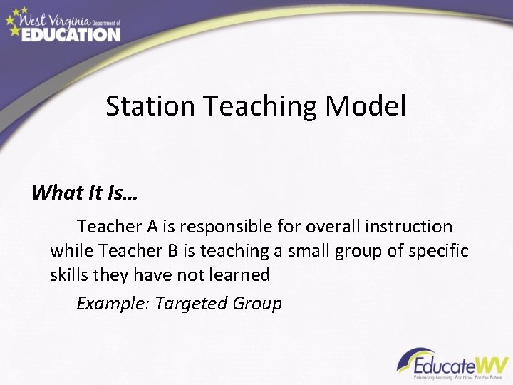 Station Teaching Model What It Is… Teacher A is responsible for overall instruction while