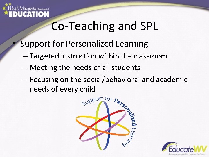 Co-Teaching and SPL • Support for Personalized Learning – Targeted instruction within the classroom