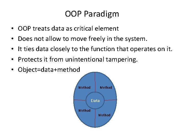 OOP Paradigm • • • OOP treats data as critical element Does not allow