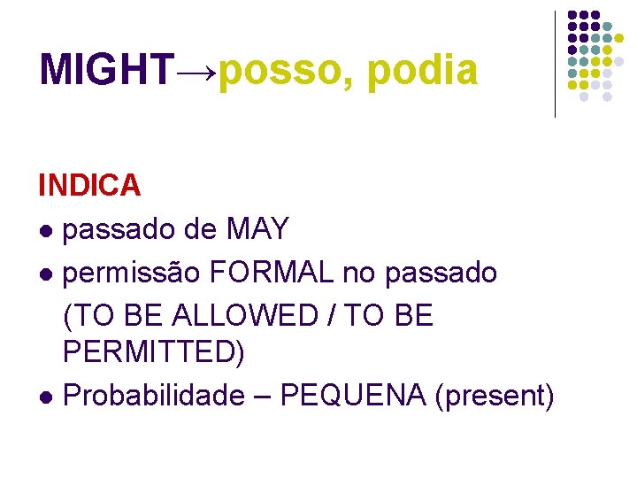 MIGHT→posso, podia INDICA l passado de MAY l permissão FORMAL no passado (TO BE