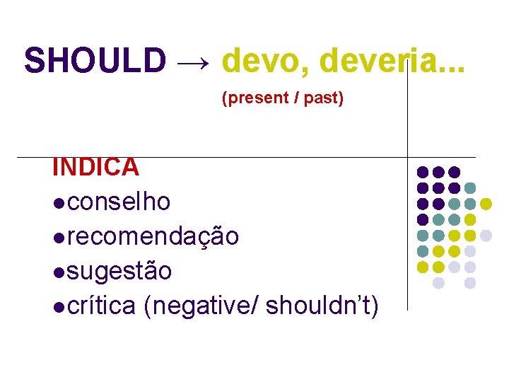SHOULD → devo, deveria. . . (present / past) INDICA lconselho lrecomendação lsugestão lcrítica