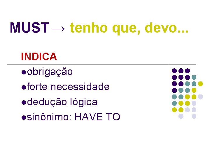 MUST → tenho que, devo. . . INDICA lobrigação lforte necessidade ldedução lógica lsinônimo: MUST → tenho que, devo. . . INDICA lobrigação lforte necessidade ldedução lógica lsinônimo: