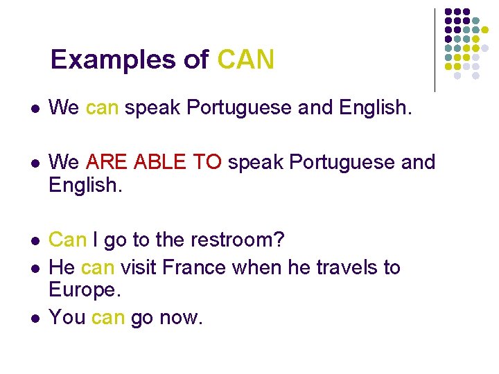 Examples of CAN l We can speak Portuguese and English. l We ARE ABLE