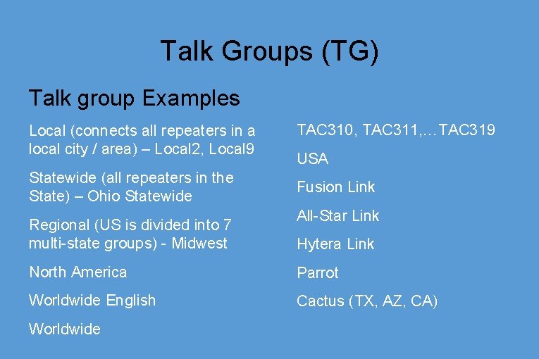 Talk Groups (TG) Talk group Examples Local (connects all repeaters in a local city