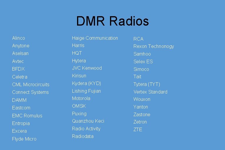 DMR Radios Alinco Haige Communication RCA Anytone Harris Rexon Technonogy Aselsan HQT Samhoo Avtec