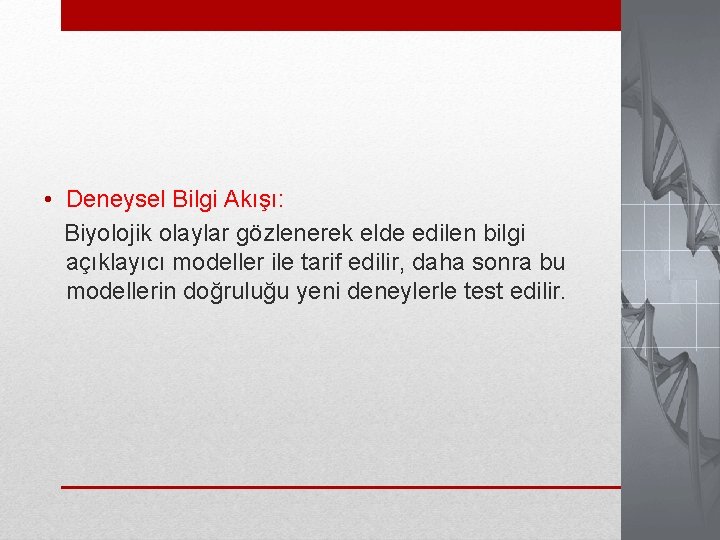  • Deneysel Bilgi Akışı: Biyolojik olaylar gözlenerek elde edilen bilgi açıklayıcı modeller ile