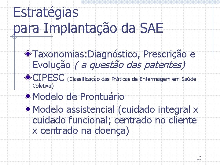 Estratégias para Implantação da SAE Taxonomias: Diagnóstico, Prescrição e Evolução ( a questão das