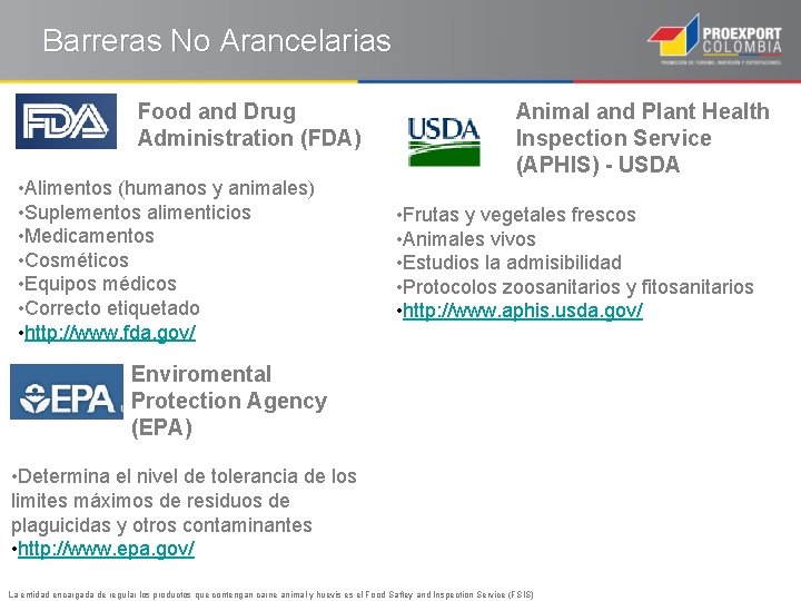 Barreras No Arancelarias Food and Drug Administration (FDA) • Alimentos (humanos y animales) •
