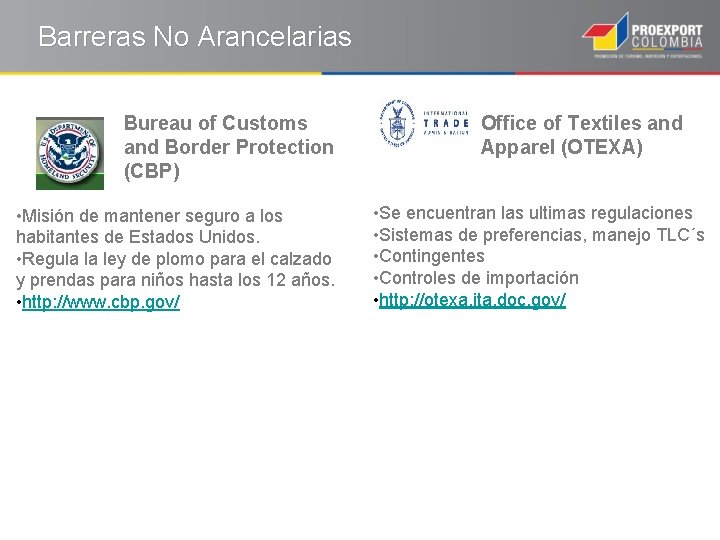 Barreras No Arancelarias Bureau of Customs and Border Protection (CBP) • Misión de mantener