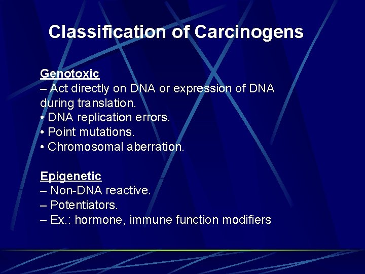 Classification of Carcinogens Genotoxic – Act directly on DNA or expression of DNA during