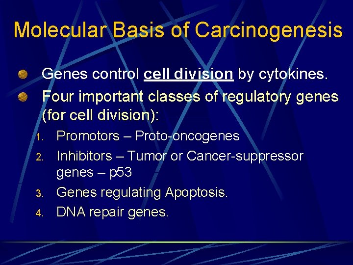 Molecular Basis of Carcinogenesis Genes control cell division by cytokines. Four important classes of